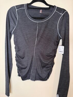 FP Movement by Free People Charcoal Gray Long-Sleeve Ruched Crew Top